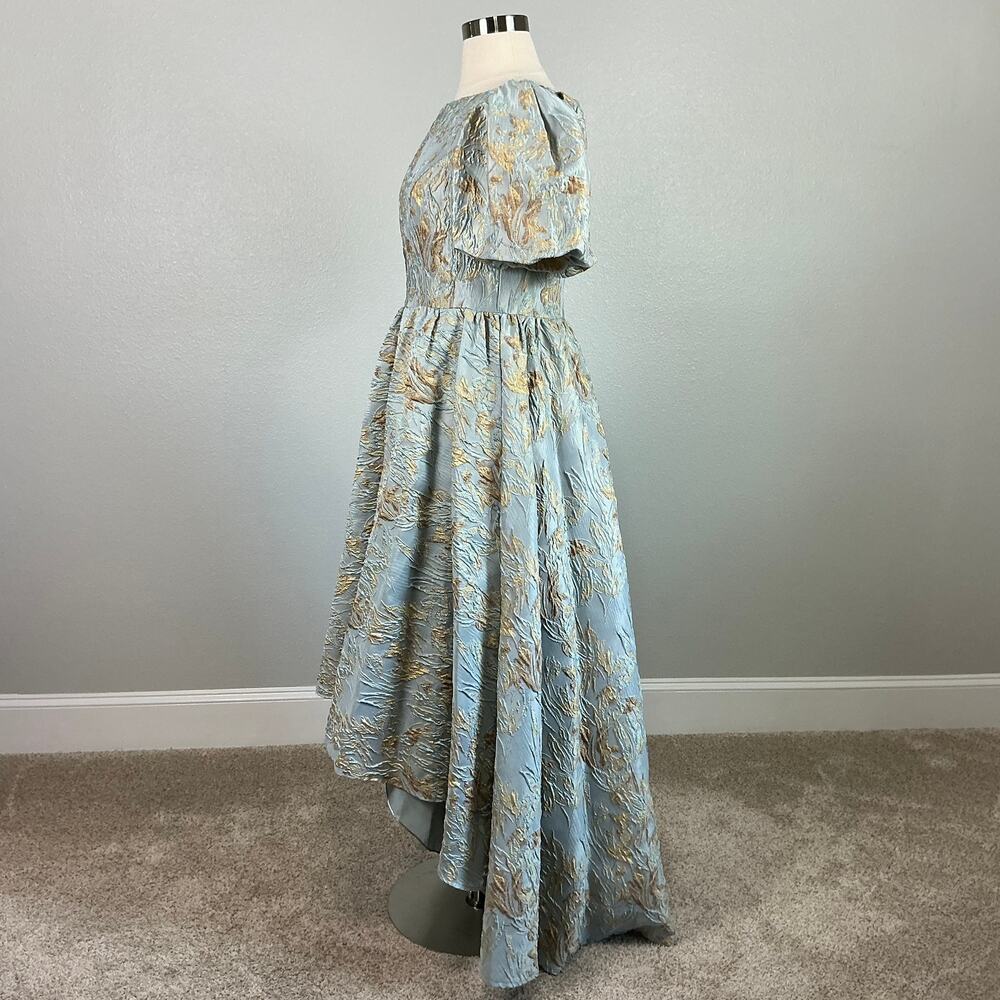 Mac Duggal 11608 Metallic Floral High Low Evening Gown Blue + Gold Size 14 Dress - Picture 6 of 12